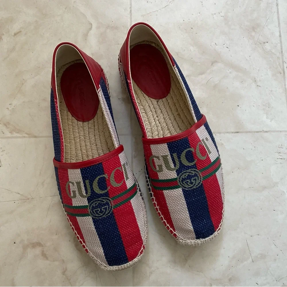 Gucci Sylvie Stripes Interlocking G Logo Canvas Leather Espadrilles Flats size 8